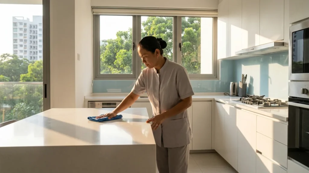 Professional cleaner wiping a kitchen counter in a bright Singapore home
