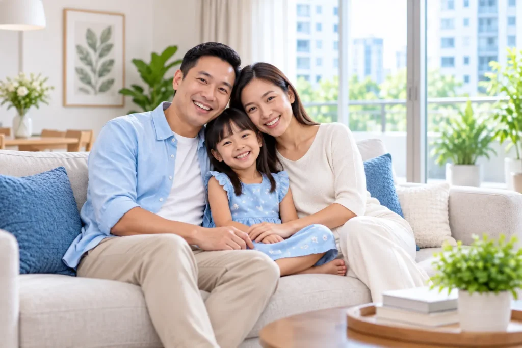 Family relaxing in a freshly cleaned Singapore living room