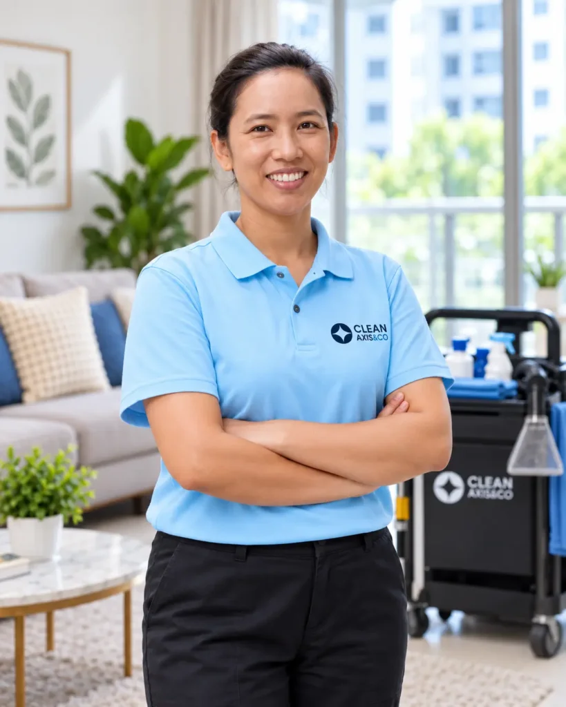 House cleaning in Singapore — CleanAxisCo cleaner in a bright HDB home