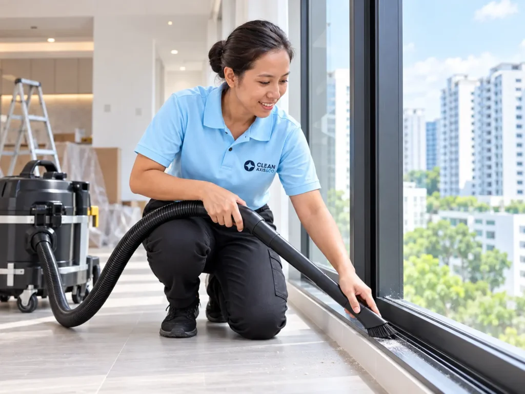 Post-renovation cleaning in Singapore — cleaner clearing window-track dust