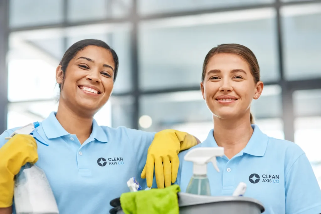 Two friendly CleanAxisCo cleaners with supplies in Singapore
