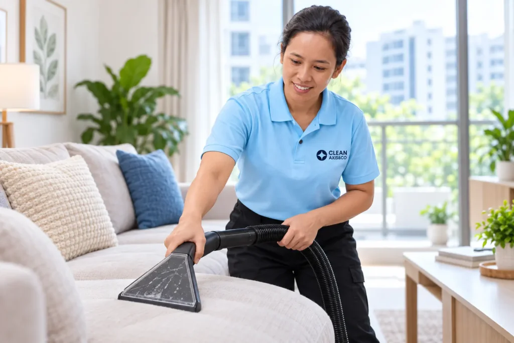 Upholstery cleaning in Singapore — steam cleaning a fabric sofa